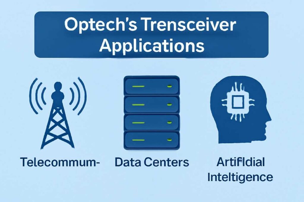 Infographic showcasing Optech's transceiver applications in three sectors: Telecommunications, Data Centers, and Artificial Intelligence. Includes icons representing a cell tower, server stack, and a human head with a microchip, with labels for each sector.